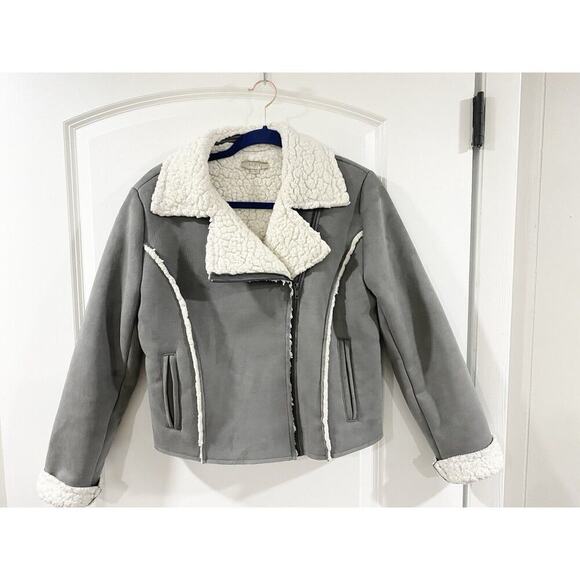 LOFT Women's Asymetrical Sherpa Gray Suede Moto Jacket Sz Small - Picture 2 of 11